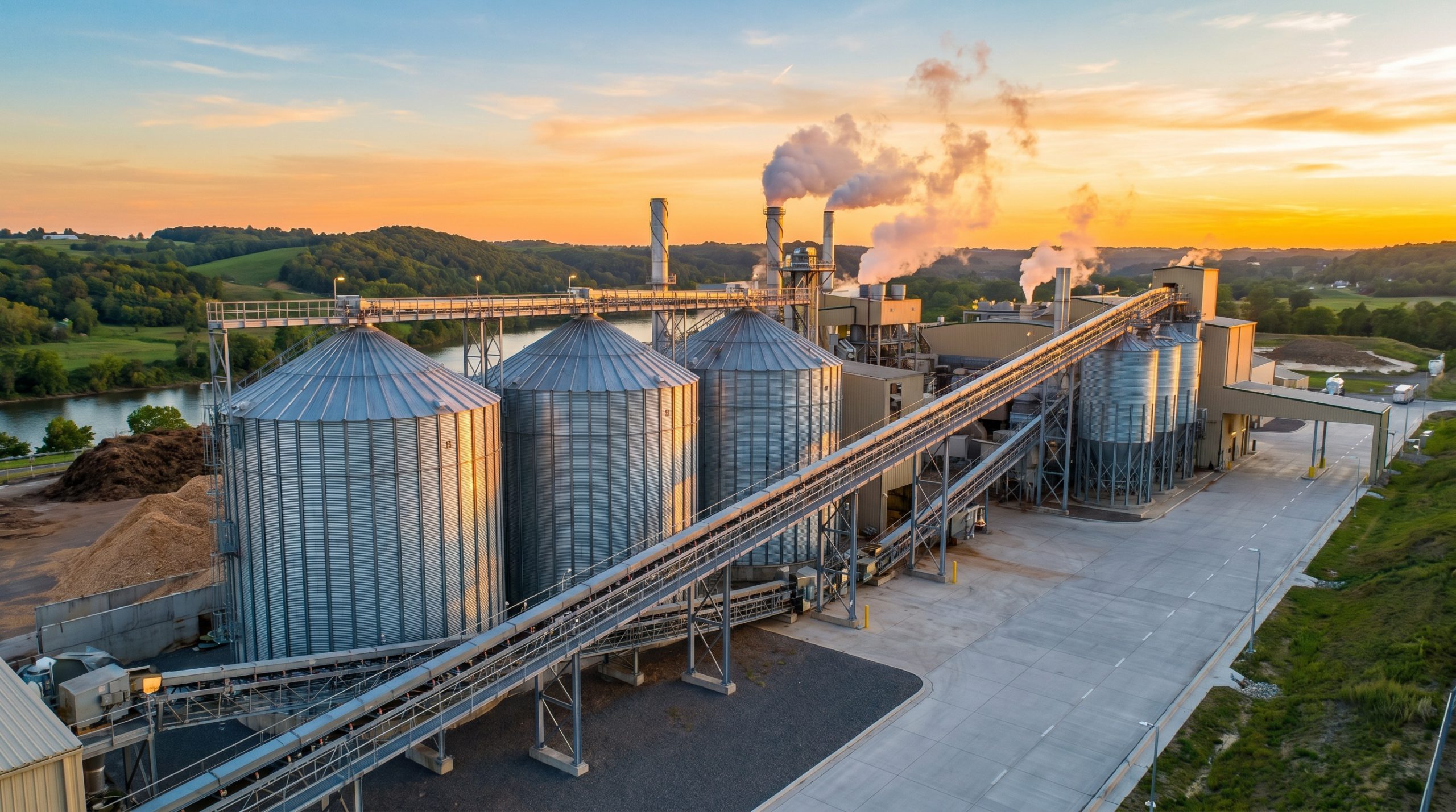 Biomass Energy Facility at Sunset with Large Industrial Storage Silos Biomass Energy Facility